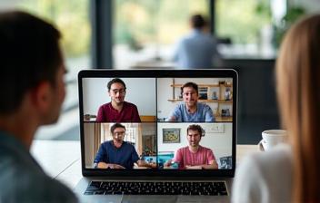 Hybrid team collaborating on a video meeting