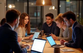 Startup founders strategizing with digital devices